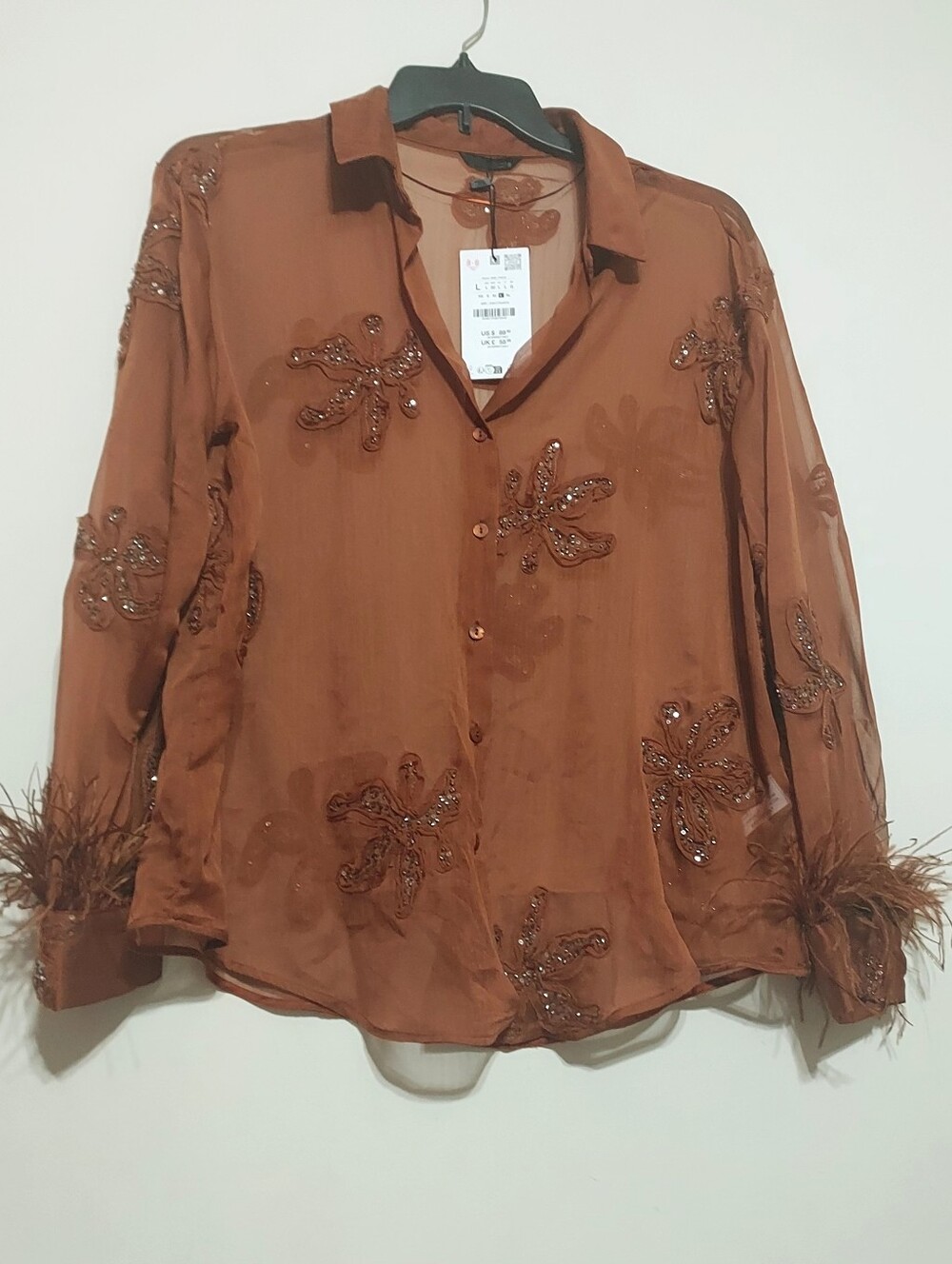 Zara Semi-sheer Floral Beaded Embroidery Feathered Long Sleeve With Front Button - Picture 7 of 11